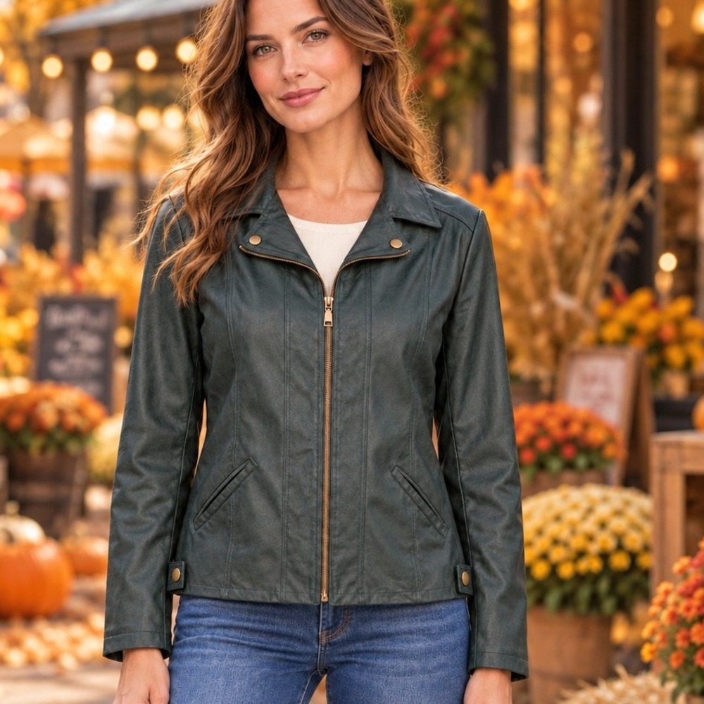 Allison Daley S Green Leather Look Moto Jacket Soft Biker Fall Minimalist